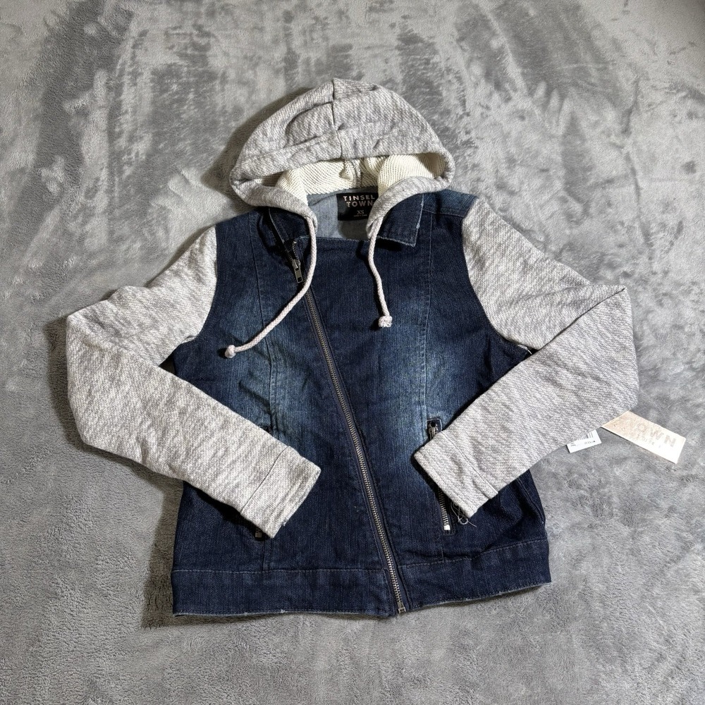 Tinsel Town Jean Moto Jacket Womens Size XS Blue Buttton Up Hoodie Jacket NWT